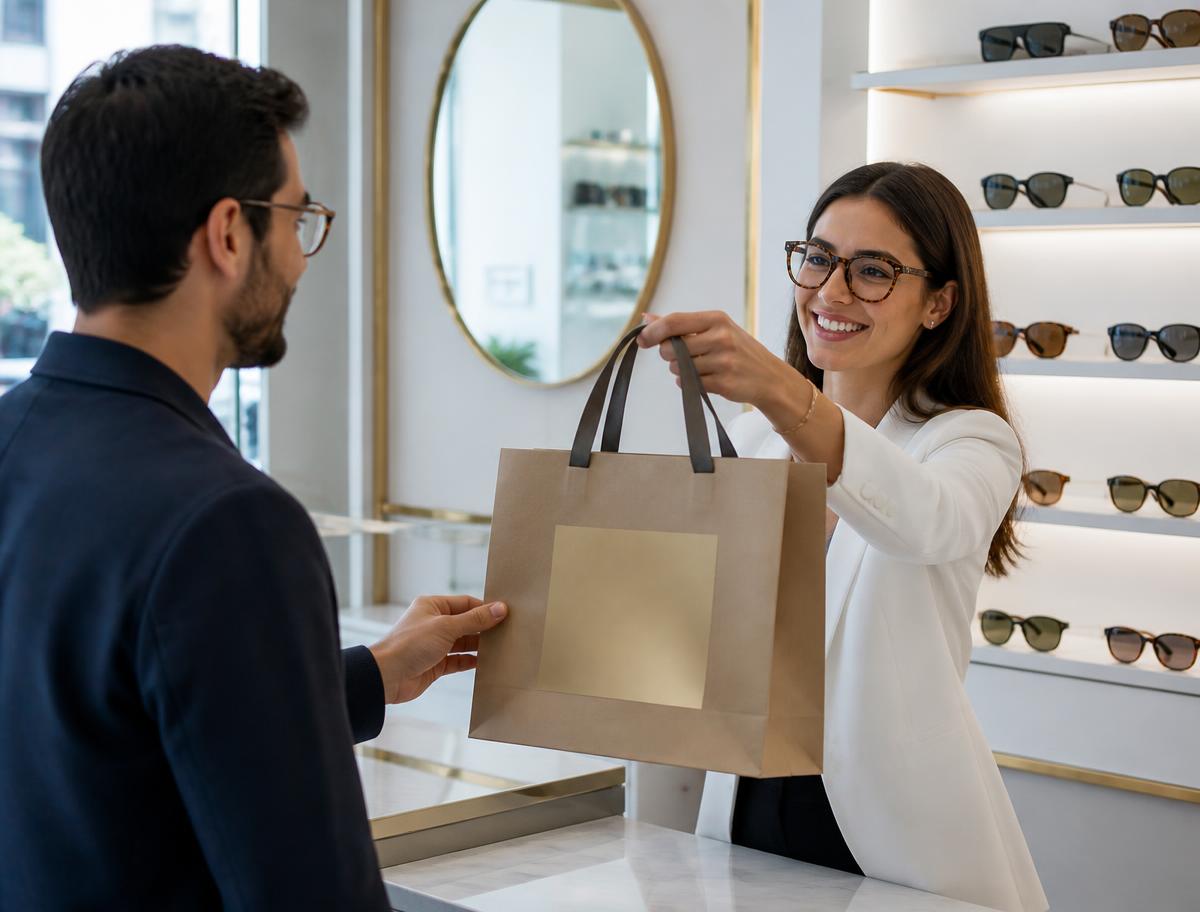 Cliente recebendo sua compra em uma sacola kraft personalizada