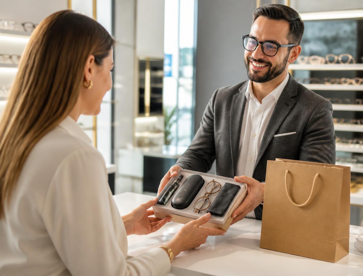 Kit completo de entrega sendo apresentado a uma cliente de ótica